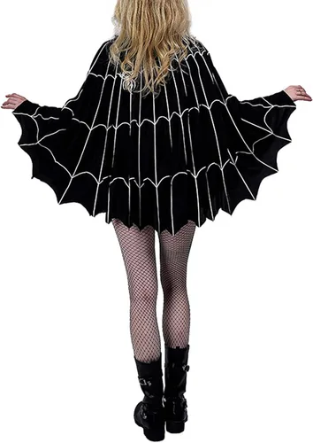 Vista 5 de Capa de Halloween para mujer, poncho gótico de telaraña para cosplay, escenario, fiesta, disfraz de Halloween para mujer Negro