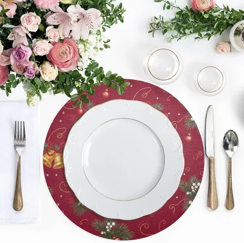 Vista 5 de Christmas Pine Red Dining Room Table Placemats, Heat Resistant Non Slip Placemats Round for Kitchen one sizex1