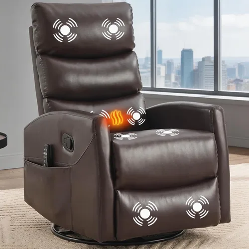 Vista 17 de Silla reclinable giratoria de 360° con masaje y calor, respaldo alto con relleno, silla mecedora tapizada para cuarto de bebé, sala de estar