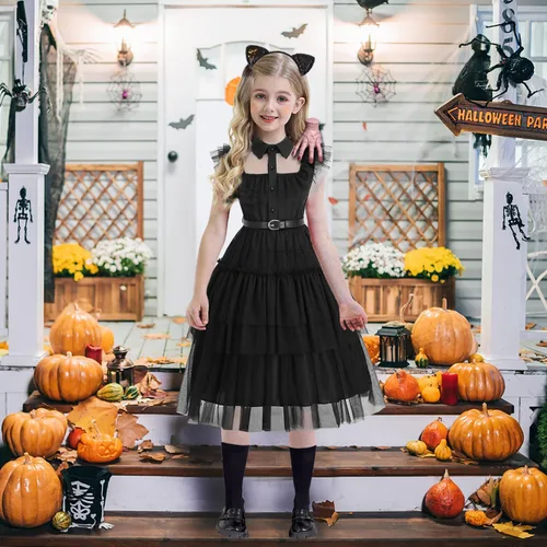 Vista 6 de juskid Wednesday Addams Disfraz Niñas Niños Vestido Halloween Disfraces Niñas Miércoles Regalos Merlina Negro Princesa Vestir