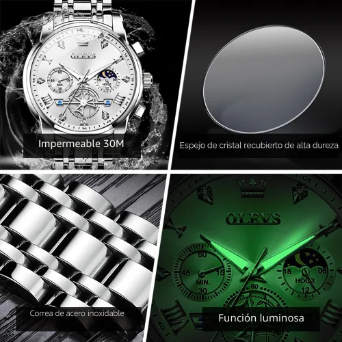 Vista 4 de OLEVS Relojes para hombre de plata, reloj de cronógrafo de acero inoxidable para hombre, reloj analógico de cuarzo de cara grande para hombre