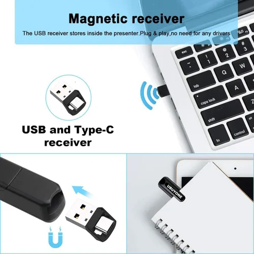 Vista 3 de Presentación Clicker Tipo C/USB A 2 en 1 PowerPoint Control remoto Presentador inalámbrico con hipervínculo y receptor de control de volumen PPT