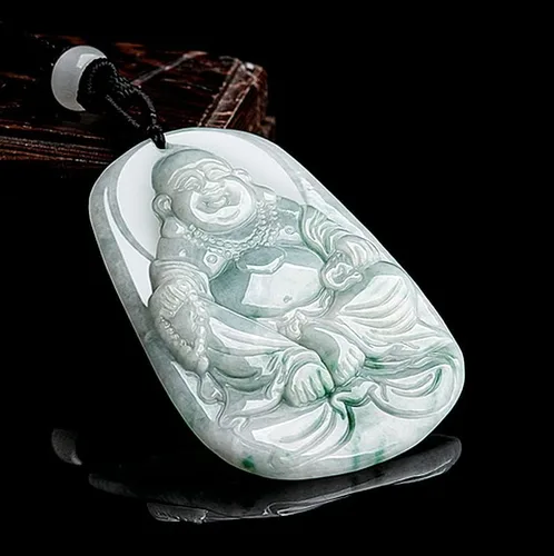 Vista 4 de Jadeíta de jade natural de grado A Las flores flotantes sonríen a menudo abiertas Maitreya Buda ceroso tipo de colgante de jade colgante