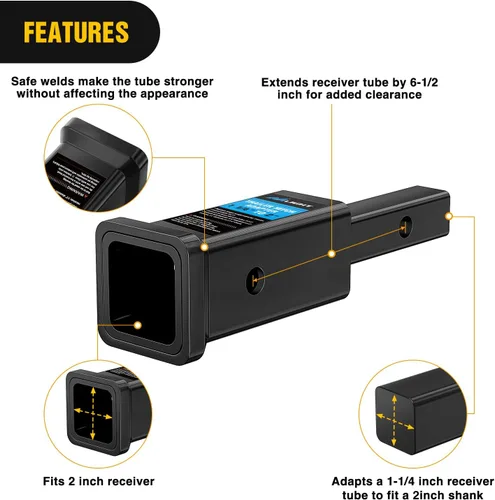 Vista 5 de Nilight Adaptador extensor de receptor de enganche de remolque, reductor de adaptador de enganche de 1-1/4 a 2 pulgadas, convertidor de manguito