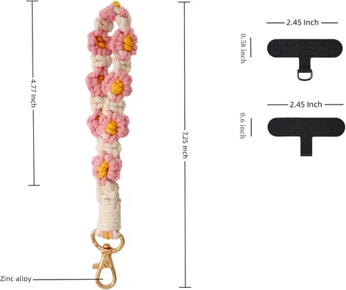 Vista 5 de Correa de muñeca para teléfono, cordón para teléfono celular, con 2 parches para teléfono, llavero de flores hecho a mano, cordón de muñeca