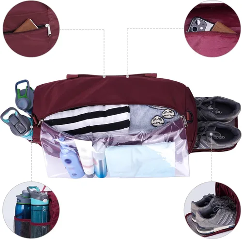 Vista 3 de Bolsa deportiva de gimnasio con bolsillo húmedo y compartimento para zapatos, bolsa de yoga ligera para hombres y mujeres, 2-Wine Red-Nueva versión