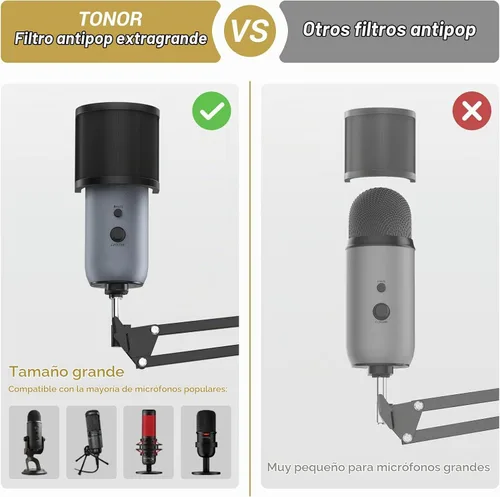 Vista 5 de TONOR Brazo de brazo de micrófono, brazo de micrófono ajustable con filtro pop extra grande, adaptador de tornillo de 3/8 pulgadas y 5/8 pulgadas