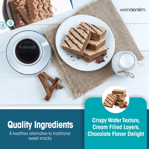 Vista 6 de WonderSlim Barra de bocadillos de oblea de proteínas, chocolate, 210 calorías, 0.53 oz de proteína, 0 mg de colesterol (5 unidades)