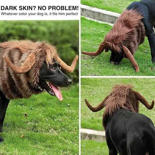 Vista 7 de Peluca de cuerno de perro de Halloween, disfraz suave de perro de toro, gorro cálido de invierno, peluca de perro, ropa para mascotas, divertido