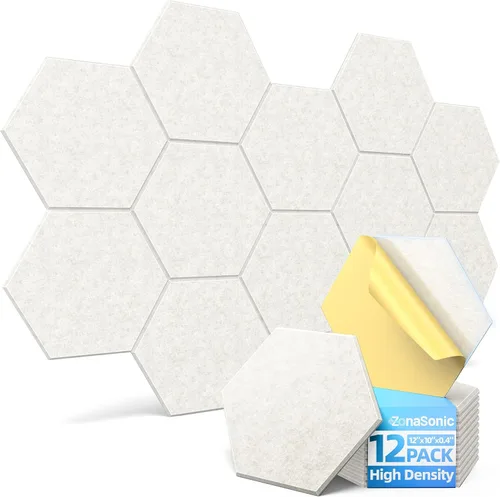 Vista 15 de Paquete de 12 paneles acústicos hexagonales con autoadhesivos, paneles de espuma a prueba de sonido de 12 x 10 x 0.4 pulgadas para paredes, paneles