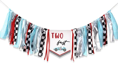 Vista 3 de Cartel de dos cumpleaños rápidos, cartel para silla alta de 2º cumpleaños, decoración de cumpleaños con temática de auto de carreras, decoración