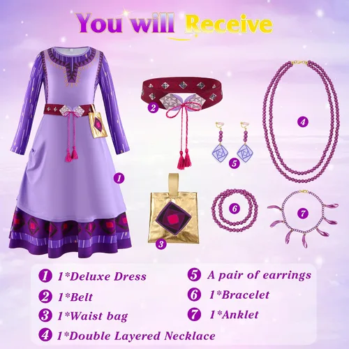 Vista 6 de CICOCI Wish Asha - Disfraz para niñas, conjunto completo con accesorios, collar y aretes