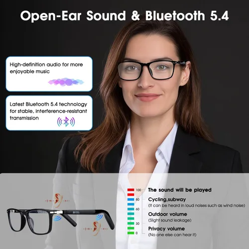 Vista 7 de Gafas inteligentes Al 2026, gafas de traducción Bluetooth con 164 idiomas Lentes fotocromáticas negras