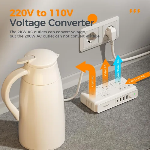 Vista 5 de TESSAN Convertidor de voltaje de 220V a 110V para viajes con 4 puertos USB (1 USB C), 3 tomas de corriente AC y adaptador de corriente internacional