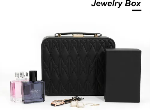 Vista 3 de V-LAFUY Joyero para mujer, organizador de joyas de viaje con bandeja de joyería para anillos, aretes, collares, pulseras y relojes, color negro