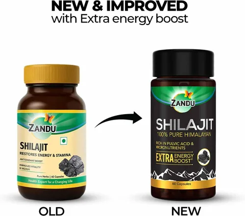 Vista 2 de Zandu Cápsulas Shilajit (60 cápsulas) infundidas con bondad de extractos naturales de Shilajit para mejorar la energía y la fuerza en los hombres