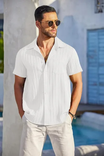 Vista 3 de COOFANDY - Camisas de botones casuales para hombre, de manga corta, con textura, camisa de playa de verano con bolsillo