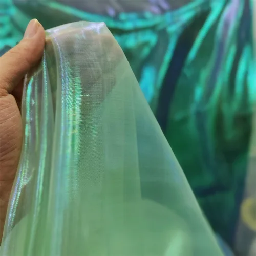 Vista 6 de Tela de encaje de organza con gradiente láser arcoíris mágico, tela de gasa holográfica iridescente para vestido de novia, cortina, fondo, fiesta