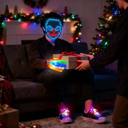 Vista 6 de Juego de 3 guantes y cordones de esqueleto con máscara LED con detección