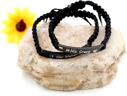 Vista 4 de Uloveido 1 par de pulseras trenzadas hechas a mano con grabado para parejas, parejas para él y ella, pulseras para hombres, mujeres, novio y novia