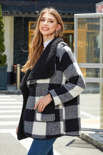 Vista 8 de Chaqueta Sherpa de forro polar mullido para mujer, para otoño e invierno, manga larga, con botones, con bolsillos