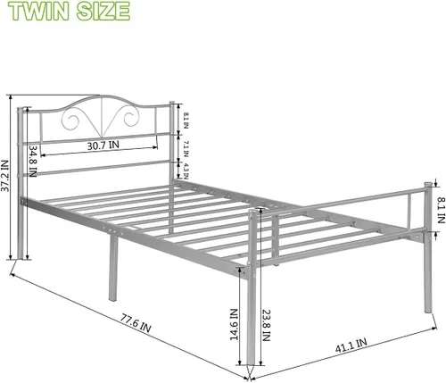 Vista 2 de Cabecero de cama de metal resistente para cama individual, estructura de acero, revestimiento de plata, estilo retro, sin necesidad