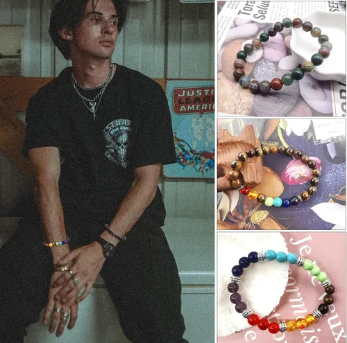 Vista 5 de Jewdreamer 6-12 pulseras de piedra de lava negra de 7 chakras para hombres y mujeres, mezcla de cuentas de roca Yinyang de 0.315in, piedras