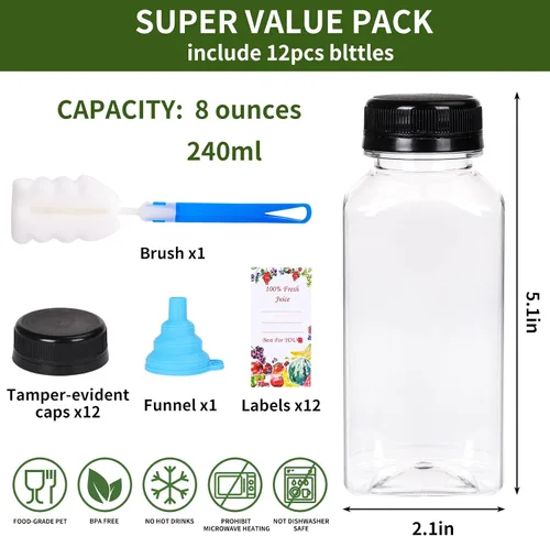 Vista 2 de SUPERLELE 12 botellas de plástico de 8 onzas con tapas, recipientes transparentes reutilizables para jugo con etiquetas, embudo y cepillo