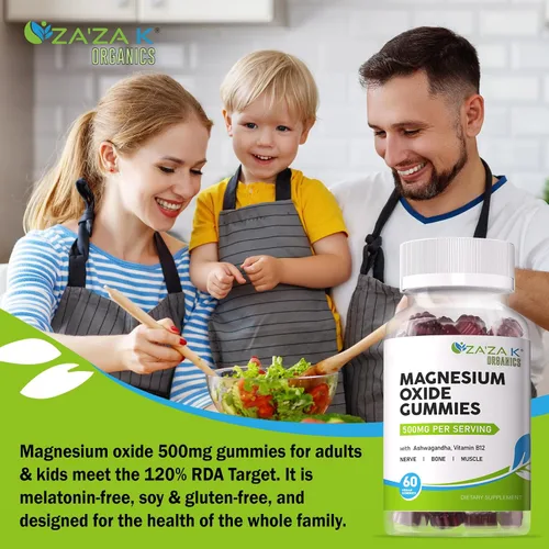 Vista 5 de ZA'ZA K ORGANICS Gomitas de óxido de magnesio, óxido de magnesio de 500 mg con Ashwagandha y vitamina B12 para dormir, nervios, músculos, salud ósea