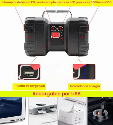 Vista 7 de Linterna LED recargable, foco LED, gran capacidad de potencia, 13000 lúmenes, 20 horas, espera ultra larga, 7 modos de luz, luz de trabajo