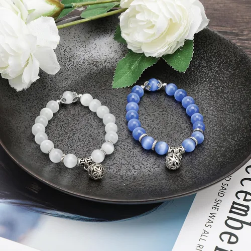 Vista 5 de Pulseras de cristal para hombres y mujeres, parejas, piedra de ópalo natural, cuentas de piedra lunar brillante, joyería de muñeca curativa