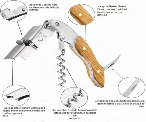 Vista 2 de Sacacorchos profesional para camareros - Juego de 3 llaves de vino para camareros, con mango largo de palisandro mango de acero inoxidable, abridor