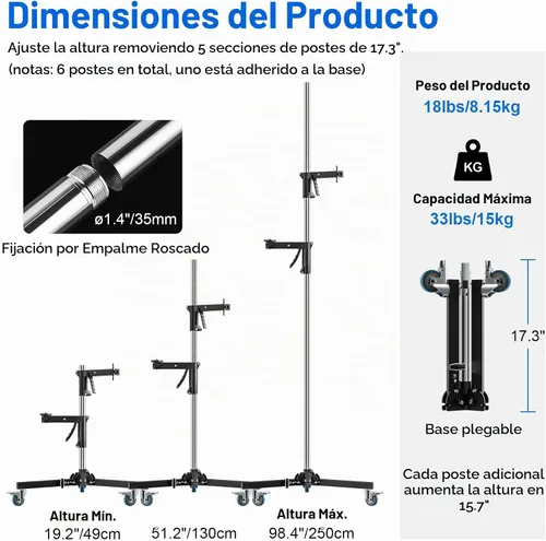 Vista 2 de Selens - Soporte de luz resistente (98.4 pulgadas, carga máxima, 33 libras/33.1 lbs) 2 Pistol Grips Detachable Poles, 360°Swivel Casters, 1/4” to