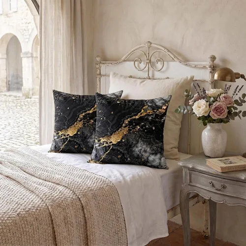 Vista 5 de Yobvec Juego de 2 fundas de almohada de 18 x 18 pulgadas, color negro dorado y gris, fundas de cojín decorativas de mármol abstracto, decoración