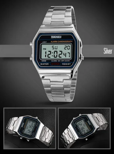 Vista 3 de PASOY - Reloj digital de acero inoxidable con retroiluminación, multifunción, cronómetro, resistente al agua, para hombre
