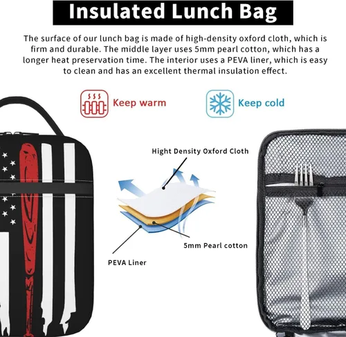 Vista 5 de Miaoquhe Lonchera de béisbol para hombres, bolsa de béisbol con bandera estadounidense para mujeres, bolsa de almuerzo para niños, bolsa de almuerzo