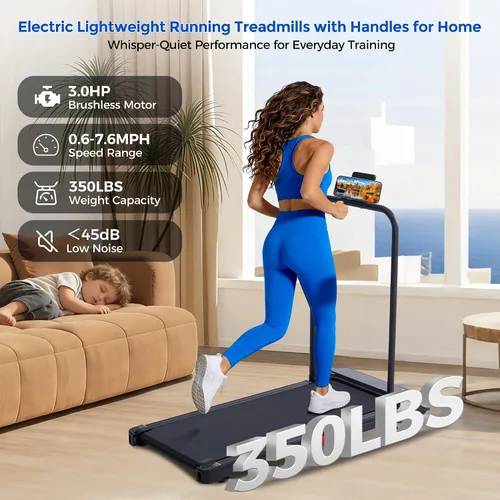 Vista 3 de Compact Treadmills for Home, 3.0HP Portable Walking Pad Treadmill with Incline, 0.6-7.6MPH Electric Walking Pad Treadmill with Handle Bar, Mini