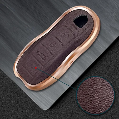 Vista 5 de Funda de piel marrón y aluminio compatible con Porsche Macan Cayenne Panamera 911 con 3 botones sin llave (llave antigua)