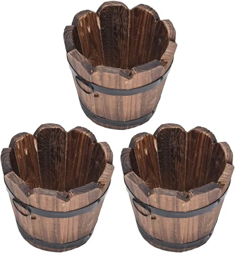 Vista 5 de 1 maceta rústica de madera con forma de barril, para patio, jardín, patio trasero, decoración del hogar