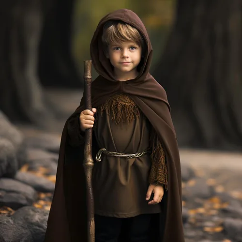 Vista 2 de Disfraz renacentista para niños y niños, capa medieval con capucha, para Halloween, guardabosques, mago, elfo, bata con capucha