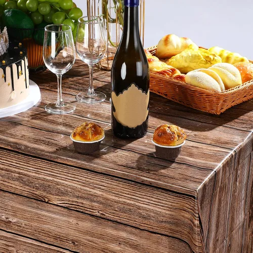 Vista 3 de Tatuo Paquete de 1 mantel de plástico rústico de grano de madera natural para mesa rectangular, decoración de mantel estilo rústico para cumpleaños