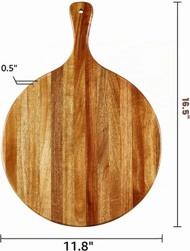 Vista 2 de Tabla de cortar redonda de madera de acacia con asa - Tabla de charcutería de madera, tabla de cortar y servir versátil para pizza, pan, queso