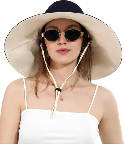 Vista 10 de Sombrero de pescador de algodón para mujer, reversible, de ala ultra ancha, plegable, protección UV, verano, viajes, UPF 50+ Caqui