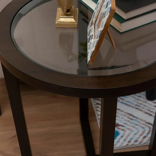 Vista 8 de Powell Marta Umber - Juego de mesa auxiliar y mesa auxiliar de madera marrón con tapa de cristal templado