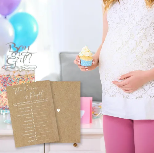 Vista 4 de The Price Is Right Juego para baby shower, 30 tarjetas de juego de papel kraft minimalistas para bebé, niño o niña, anuncio de bebé, revelación