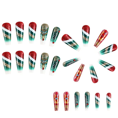 Vista 3 de Uñas postizas largas a presión de Navidad, uñas acrílicas artificiales con diamantes de imitación, diseño de árbol de Navidad, uñas postizas
