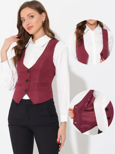 Vista 2 de Allegra K Chaleco vintage para mujer con botones y bolsillos