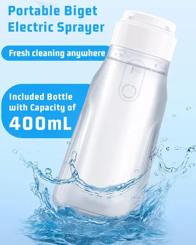 Vista 5 de Bidé portátil para viajes con botella de 13.5 fl oz, bidé eléctrico recargable de viaje con 3 modos de presión, rociador de bidé de mano impermeable