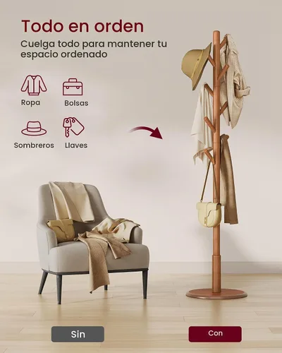 Vista 3 de VASAGLE Perchero de madera maciza, árbol de entrada con 8 ganchos, 3 opciones de altura, para abrigos, sombreros, bolsos, carteras, para entrada