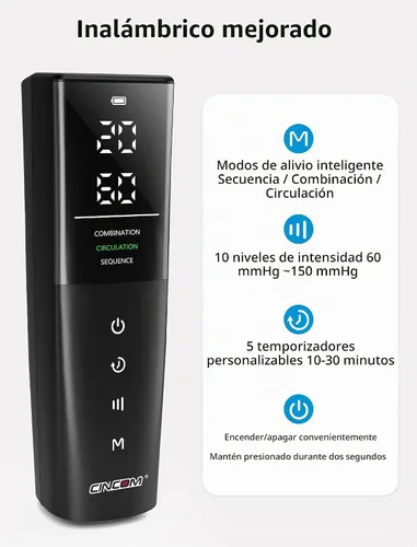Vista 4 de Masajeador de piernas inalámbrico CINCOM, compresión de aire para dolor y circulación 3 massage modes, 10 intensities, 5 timers, Rechargeable